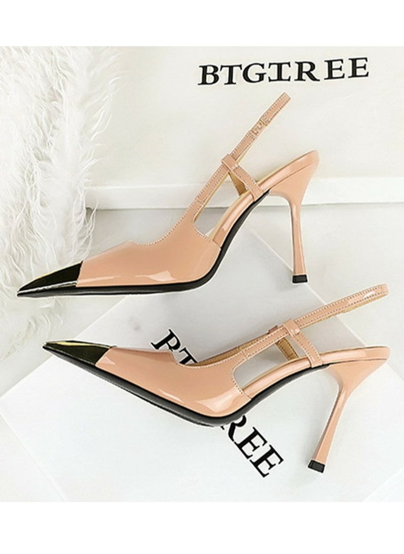BIGTREE Women's Metal Closed Pointed Toe Stiletto Pump High Heels Beige 9.5 CM  - Image 3