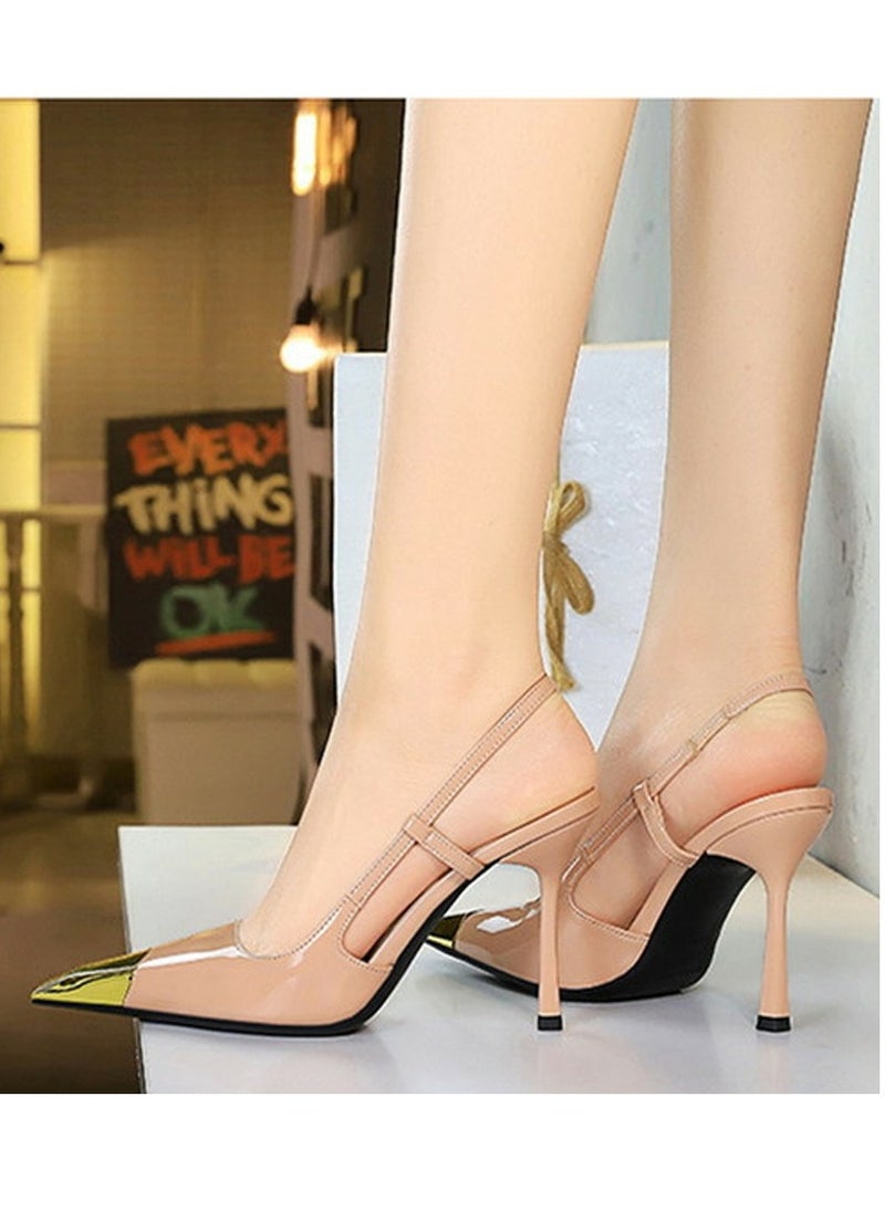 BIGTREE Women's Metal Closed Pointed Toe Stiletto Pump High Heels Beige 9.5 CM  - Image 5