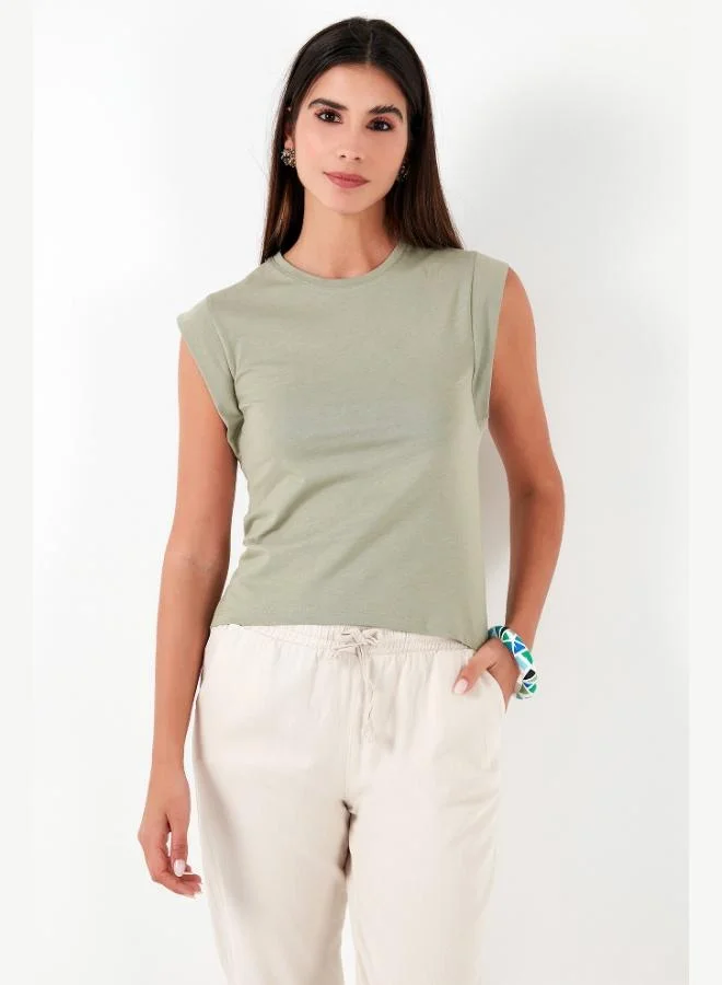 ليلا تيشيرت نسائي قطني بدون أكمام بياقة دائرية