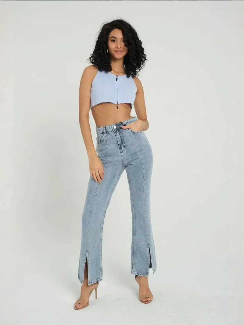 HICCUP V Neck Knitted Ribbed Zippered Crop Top