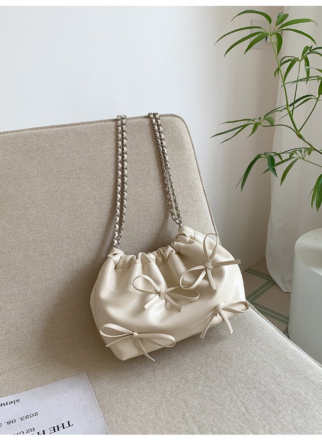 xozgdovg - Spring Bow Chain Bag Women's Small Fresh Shoulder Bag Female Niche Soft Leather Pleated Bucket Bag - Image 1