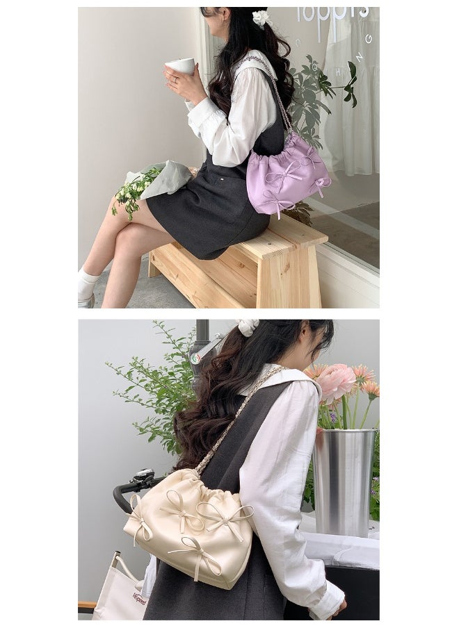 xozgdovg - Spring Bow Chain Bag Women's Small Fresh Shoulder Bag Female Niche Soft Leather Pleated Bucket Bag - Image 1