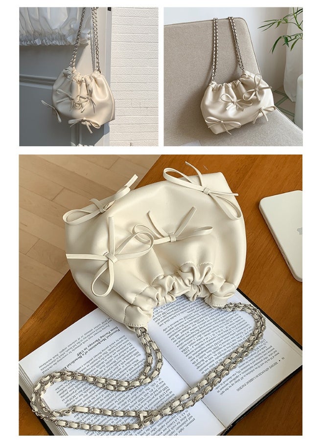 xozgdovg - Spring Bow Chain Bag Women's Small Fresh Shoulder Bag Female Niche Soft Leather Pleated Bucket Bag - Image 1