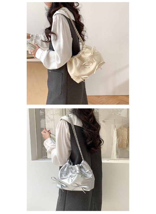 xozgdovg - Spring Bow Chain Bag Women's Small Fresh Shoulder Bag Female Niche Soft Leather Pleated Bucket Bag - Image 1