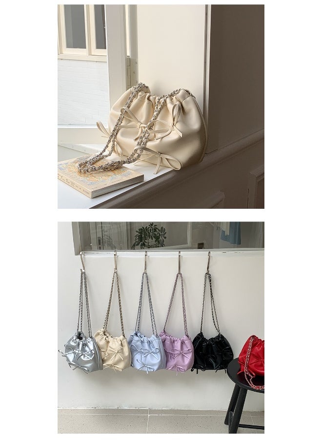 xozgdovg - Spring Bow Chain Bag Women's Small Fresh Shoulder Bag Female Niche Soft Leather Pleated Bucket Bag - Image 1