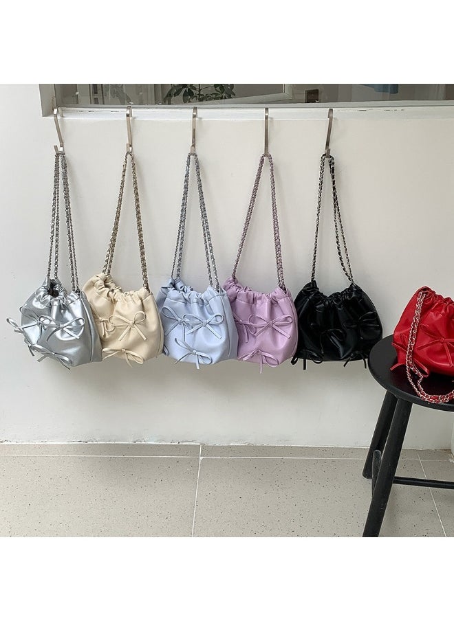 xozgdovg - Spring Bow Chain Bag Women's Small Fresh Shoulder Bag Female Niche Soft Leather Pleated Bucket Bag - Image 1