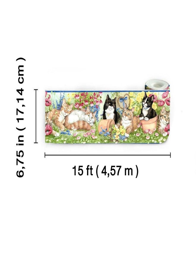 TRIMZ Wallpaper Border - Cute Cats in Flower Garden with Poppies & Daisies, Kids Bedroom & Nursery Animal Wall Decor, Pre-Pasted, 15 ft x 6.75 in - Image 3