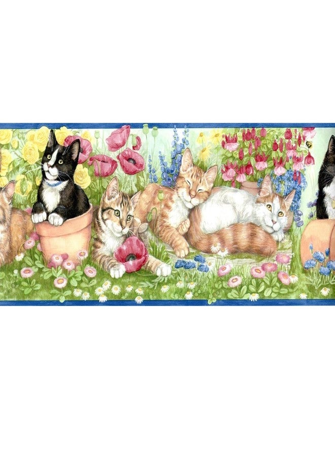 TRIMZ Wallpaper Border - Cute Cats in Flower Garden with Poppies & Daisies, Kids Bedroom & Nursery Animal Wall Decor, Pre-Pasted, 15 ft x 6.75 in - Image 1