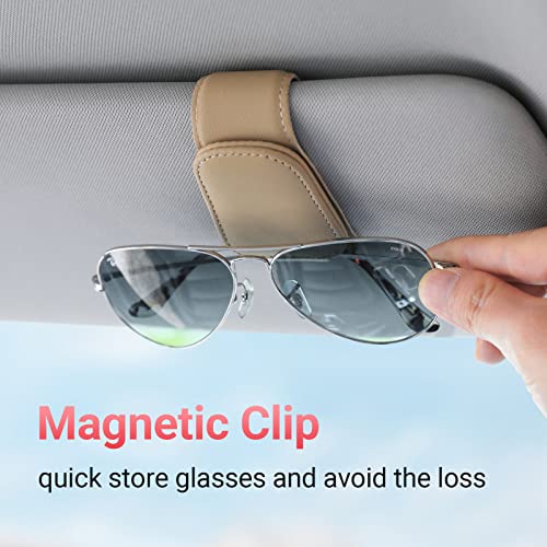 KanSmart Sunglass Holder for Car Visor Sunglasses Clip Magnetic Leather Glasses Eyeglass Holder Truck Car Interior Accessories Universal for Woman Man -Beige - Image 2
