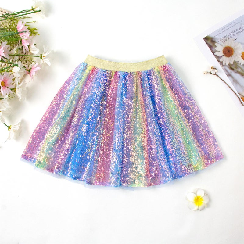 Magic Park 1-14Y Toddler Tulle Sequin Skirt Little Girl Tutu Skirts Birthday Holiday Party Girls Solid Color Short Skirt (Vertical Multicoloured Skirt, 6-8 Years) - Image 3