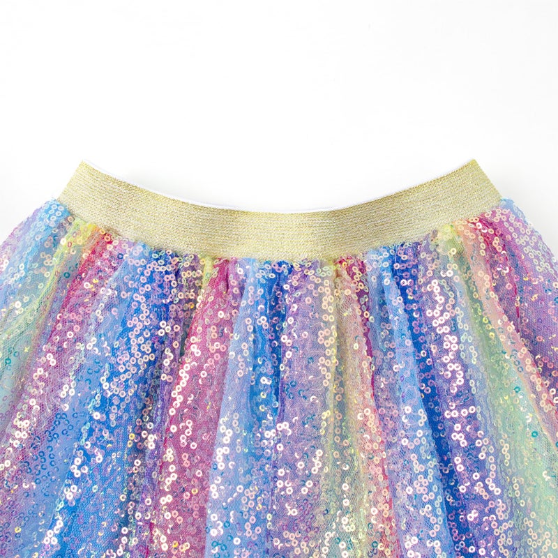 Magic Park 1-14Y Toddler Tulle Sequin Skirt Little Girl Tutu Skirts Birthday Holiday Party Girls Solid Color Short Skirt (Vertical Multicoloured Skirt, 6-8 Years) - Image 4