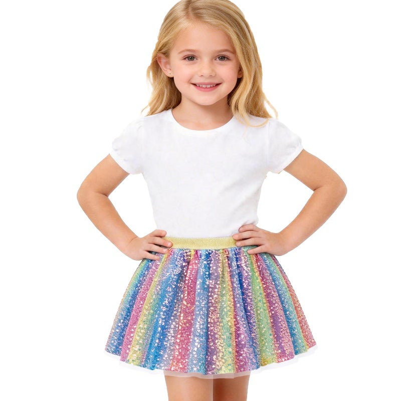 Magic Park 1-14Y Toddler Tulle Sequin Skirt Little Girl Tutu Skirts Birthday Holiday Party Girls Solid Color Short Skirt (Vertical Multicoloured Skirt, 6-8 Years) - Image 1