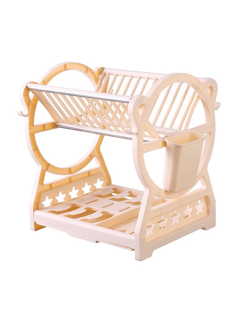 حامل تجفيف الأطباق ذو طبقتين مع حامل أدوات ورف أكواب، مصفاة أطباق لسطح المطبخ، منظم أطباق موفر للمساحة