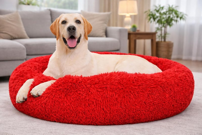 ZEXSAZONE Summer Round Donut Pet Bed for Cats and Puppies Dogs, Cozy and Plush, Raised Bedside Support, Both Sides Use Like 2 in One, Washable Sizes for Small, Medium and Large Pets (Red Medium) - Image 1