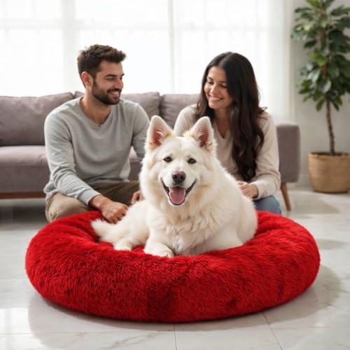 ZEXSAZONE Summer Round Donut Pet Bed for Cats and Puppies Dogs, Cozy and Plush, Raised Bedside Support, Both Sides Use Like 2 in One, Washable Sizes for Small, Medium and Large Pets (Red Medium) - Image 4