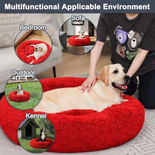 ZEXSAZONE Summer Round Donut Pet Bed for Cats and Puppies Dogs, Cozy and Plush, Raised Bedside Support, Both Sides Use Like 2 in One, Washable Sizes for Small, Medium and Large Pets (Red Medium) - Image 2
