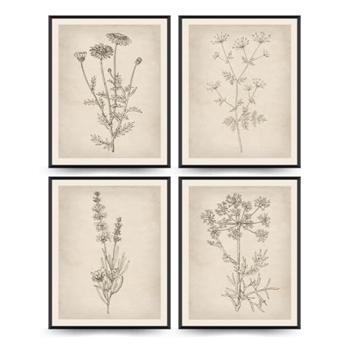 PLKMN Vintage Floral Wall Art Prints Set of 4, Neutral Boho Wildflower Pictures, Minimalist Floral Decor for Bathroom, Kitchen, Farmhouse, 8x10 Inch, Unframed - Image 1