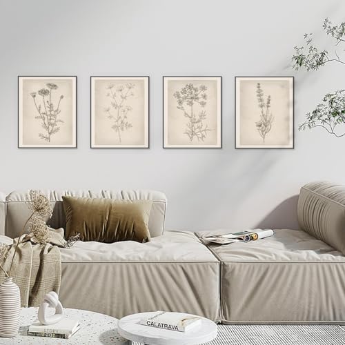 PLKMN Vintage Floral Wall Art Prints Set of 4, Neutral Boho Wildflower Pictures, Minimalist Floral Decor for Bathroom, Kitchen, Farmhouse, 8x10 Inch, Unframed - Image 4