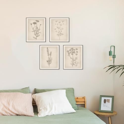 PLKMN Vintage Floral Wall Art Prints Set of 4, Neutral Boho Wildflower Pictures, Minimalist Floral Decor for Bathroom, Kitchen, Farmhouse, 8x10 Inch, Unframed - Image 3