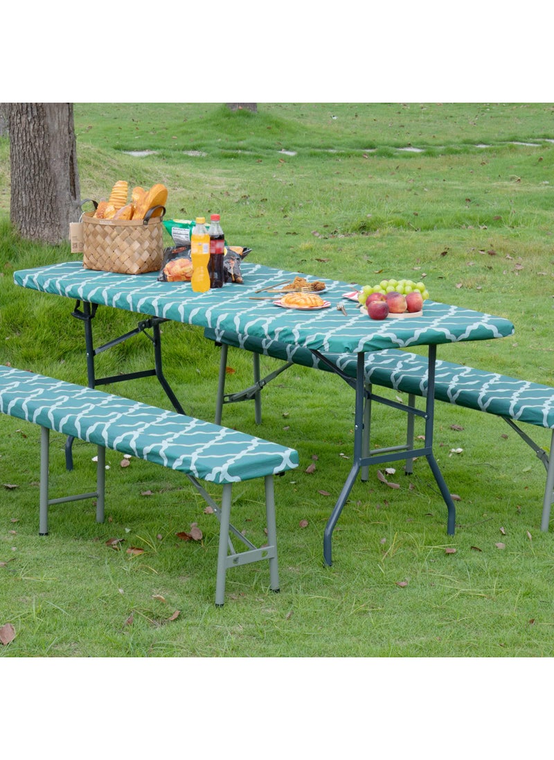 Easy-Going EasyGoing 100 Waterproof Picnic Outdoor Tablecloth with Bench Covers Fit 6 Foot Rectangle Table 3Piece Set Camping Table Cover with Seat Covers 30x72 in MoroccanTeal  White 
