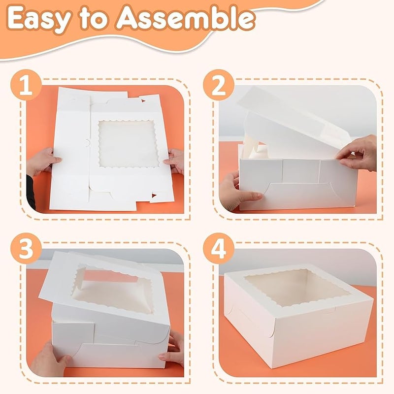 Rindion 3pcs 10x10x4.5 Inches Cake Boxs, Disposable Bakery Boxes with Window, White Square Bakery Boxes for Cakes, Donuts, Cookies, Chocolate, Pies, Wedding, Birthday, Party - Image 3
