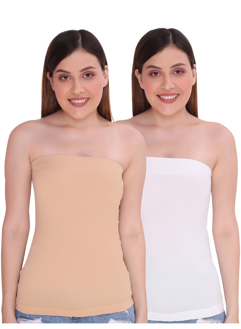 Glamroot Women's Strapless Stretchable Long Bandeau Tube Top Camisole, Pack Of 2, Beige/White - Image 1