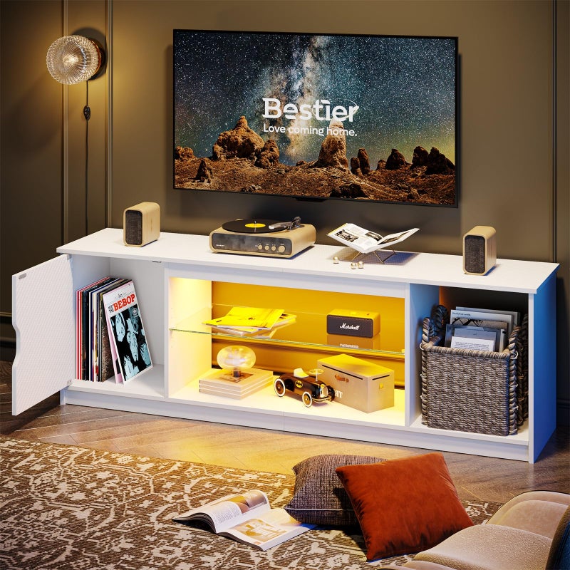 Bestier Gaming TV Stand with Removable Glass Shelves for 556065 Inch TVLed Entertainment Center  22 Dynamic RGB Modes for PS5 XboxModern TV Console for Living Room Bedroom Carbon Fiber White