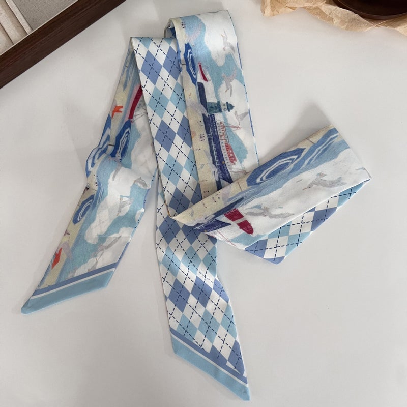 Generic High-grade oil painting small silk scarf hair band womens national style thin narrow long hair band tie hair ribbon tie bag silk scarf headdress 6# summer beach