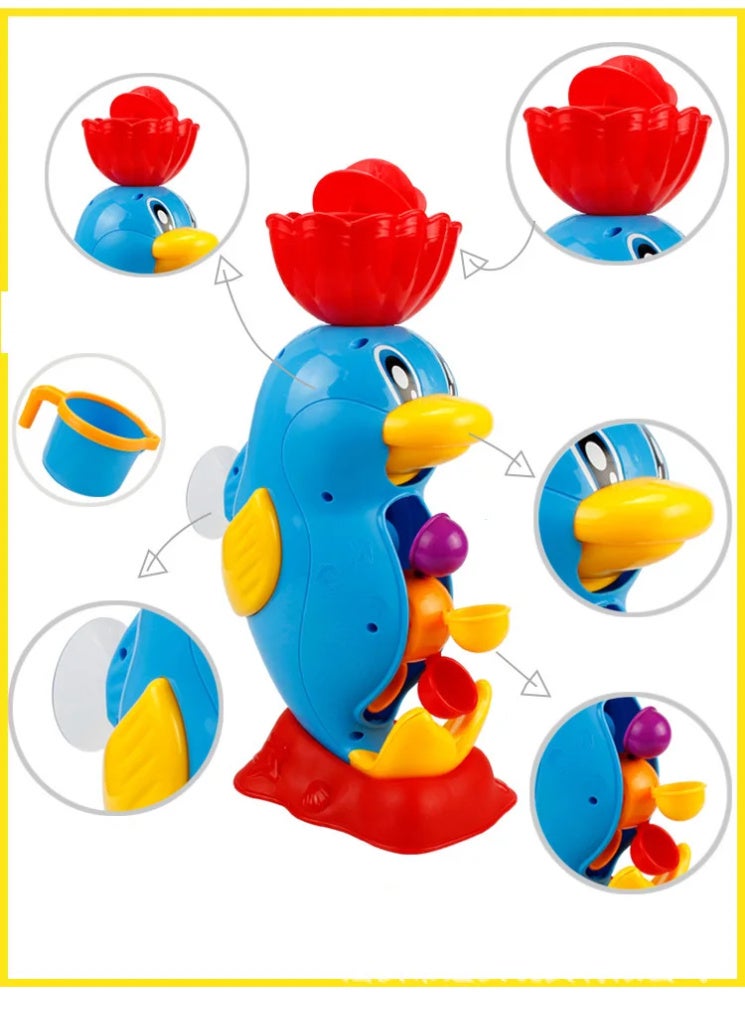 MiniMe Penguin Water Pouring Bath Toy | 6–36 Months | Blue & Red | ABS Plastic & Suction Cups | Includes 4 Scoop Cups & Spinning Water Wheel & Pour Spout & Rotating Handle | Interactive Sensory - Image 4