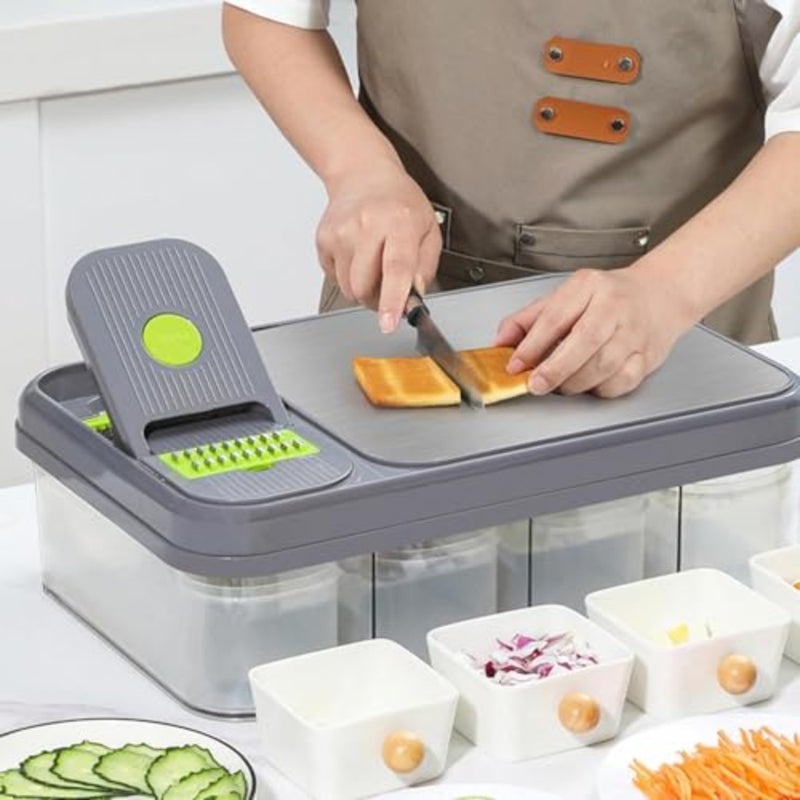 All-In-1 Veggie Prep Station with Built-In Cutting Board, Vegetable Chopper with Blades-Mandoline Slicer-Salad Onion Potatoe Dicer Cutter, Cheese Grater-Stainless Steel Pro Food Chopper with Container - Image 2