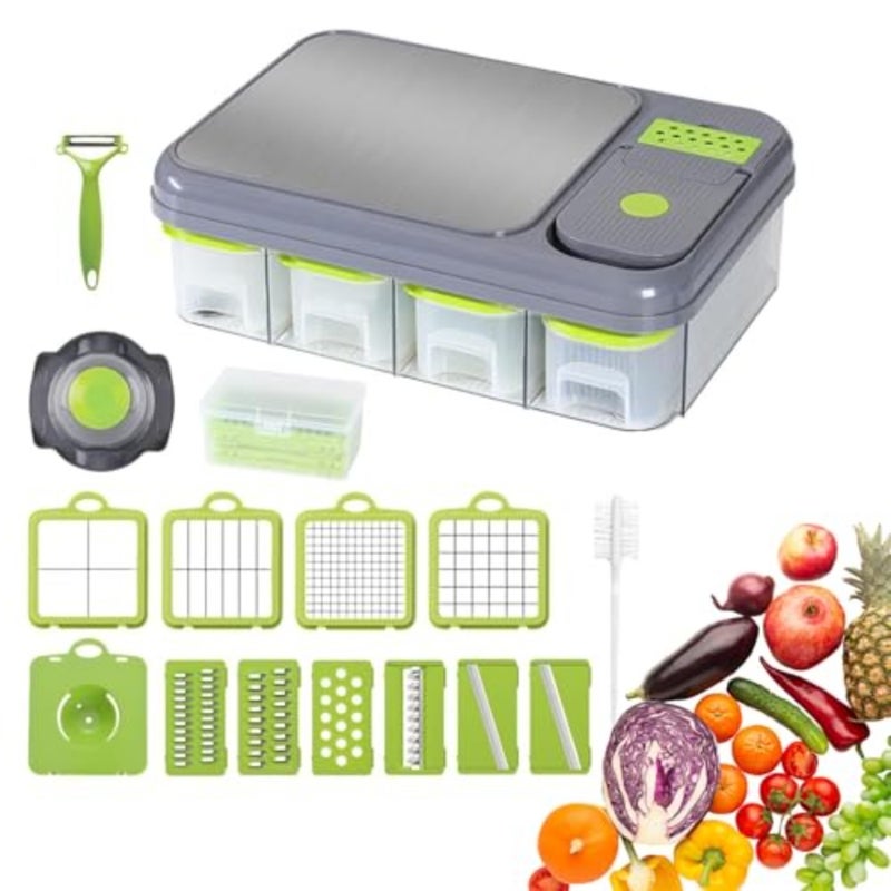 All-In-1 Veggie Prep Station with Built-In Cutting Board, Vegetable Chopper with Blades-Mandoline Slicer-Salad Onion Potatoe Dicer Cutter, Cheese Grater-Stainless Steel Pro Food Chopper with Container - Image 1