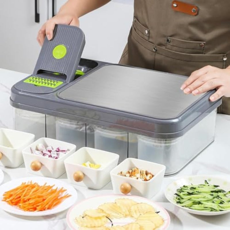 All-In-1 Veggie Prep Station with Built-In Cutting Board, Vegetable Chopper with Blades-Mandoline Slicer-Salad Onion Potatoe Dicer Cutter, Cheese Grater-Stainless Steel Pro Food Chopper with Container - Image 3