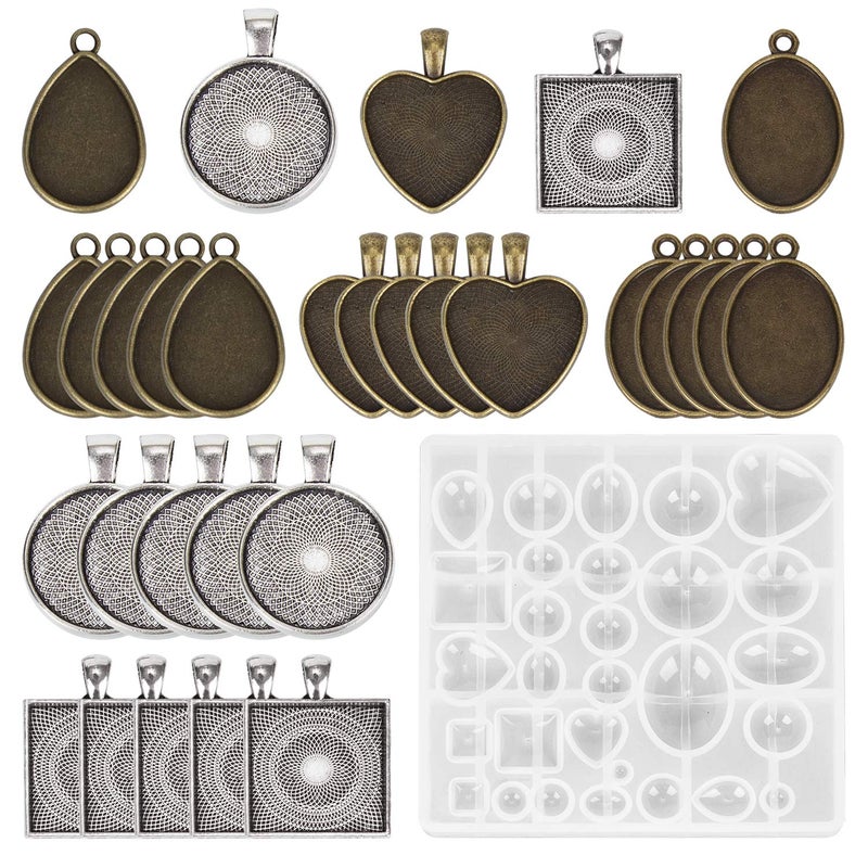 HOMEIDOL Resin Jewelry Molds Pendant Trays Making Kit with 30pcs 5 Styles Metal Pendants and 1pc Silicone Epoxy Casting Mold for Pendant Crafting DIY Gifts