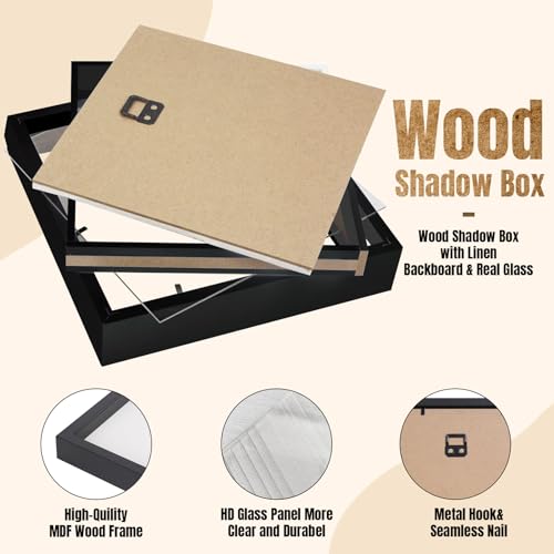 QDSSDECO 10"x10" Shadow Boxes Display Cases with Soft Linen Back Deep Wood Glass 3D Shadow Box Set for Wall and Tabletop Baby Sports, 2 Pack Black - Image 3