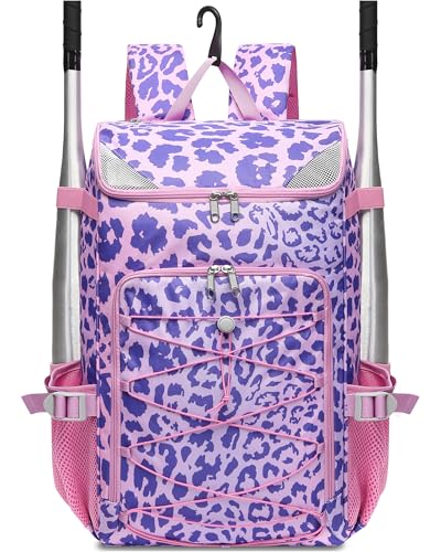 FOKDUVB Baseball Softball Equipment Bag for Boys Girls Ages 812 1012 1214 Large Kids Youth Bat Bag Backpack with Ventilated Shoe Compartment Baseball Softball Stuff Supplies Purple Leopard - Image 1