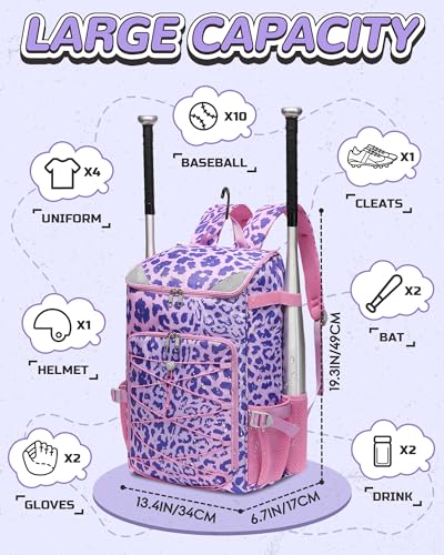 FOKDUVB Baseball Softball Equipment Bag for Boys Girls Ages 812 1012 1214 Large Kids Youth Bat Bag Backpack with Ventilated Shoe Compartment Baseball Softball Stuff Supplies Purple Leopard - Image 3