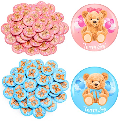 Dingion 100 Pcs Bear Baby Shower Gender Reveal Buttons Team Pink Blue Gender Reveal Button Pins Watercolor Baby Shower Badges Pins for Party Game Supplies, 1.5 Inches - Image 1