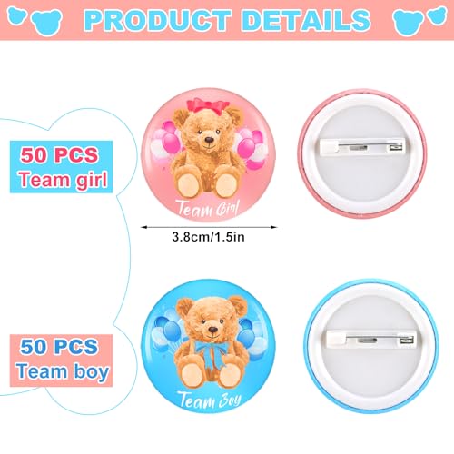 Dingion 100 Pcs Bear Baby Shower Gender Reveal Buttons Team Pink Blue Gender Reveal Button Pins Watercolor Baby Shower Badges Pins for Party Game Supplies, 1.5 Inches - Image 2