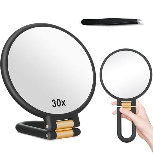 INIMAGINE 30x Magnifying Mirror, Front and Back 1x 30x Magnifying Glass with Adjustable Handle Folding Ideal for Use in Makeup (Black) - Image 1