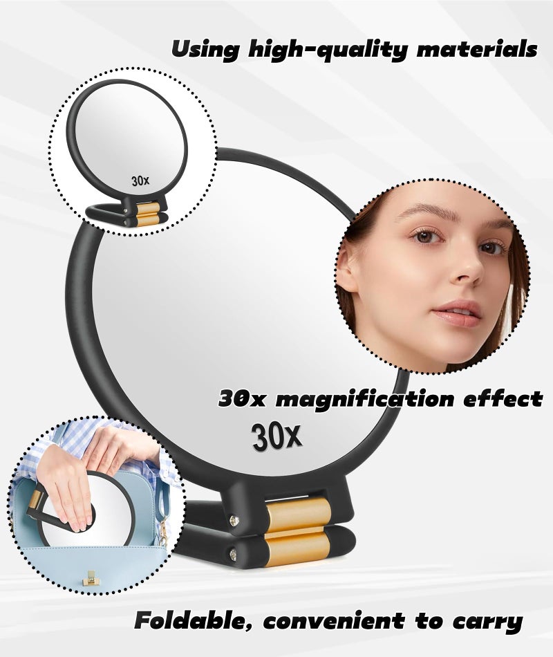 INIMAGINE 30x Magnifying Mirror, Front and Back 1x 30x Magnifying Glass with Adjustable Handle Folding Ideal for Use in Makeup (Black) - Image 2