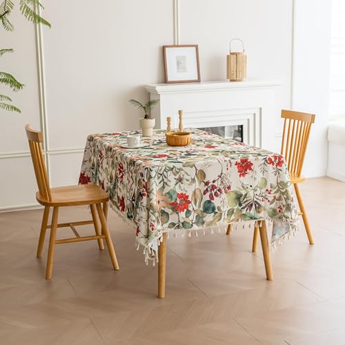 Erbnaryx Handblock Print Tablecloth for Square Tables, Vintage Flower Table Cover with Fringed Edges, Decorative Tablecloth for Kitchen and Dining Room,59"x 70" - Image 2