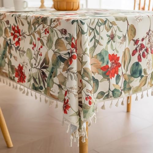 Erbnaryx Handblock Print Tablecloth for Square Tables, Vintage Flower Table Cover with Fringed Edges, Decorative Tablecloth for Kitchen and Dining Room,59"x 70" - Image 1