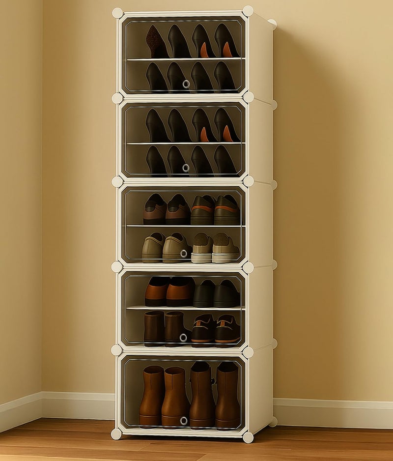 Zemic Plastic Shoe Rack for Home | 𝟓-𝐃𝐨𝐨𝐫_𝟏𝟎-𝐒𝐡𝐞𝐥𝐟 Shoe Organizer with Doors 𝐌𝐚𝐠𝐧𝐞𝐭𝐬 for Heels, Boots, Slippers Chappal Sandal Shoe Stand | DIY Multiuse 𝐖𝐡𝐢𝐭𝐞 Storage Rack - Image 1