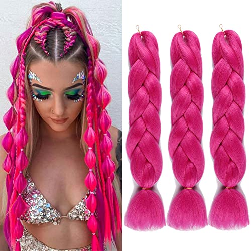 wome Pink Jumbo Braiding Hair Extension 3pcs/Lot Crochet Jumbo Braids Hair 100g/pc Hot Pink Braids Hair Synthetic Crochet Twist Braid Hair Extension for Box Braids (24Inch,Rosy) - Image 1