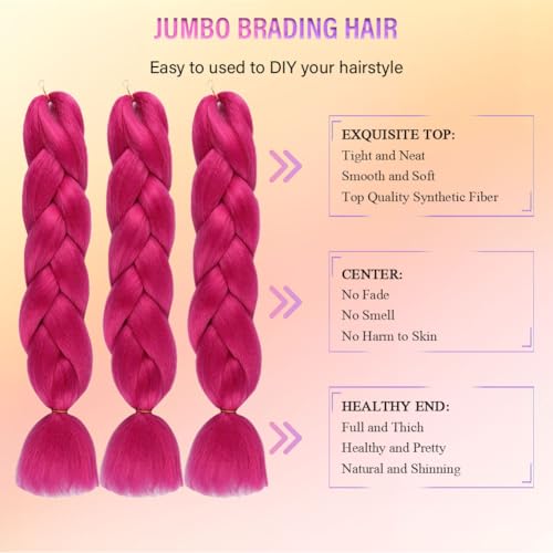 wome Pink Jumbo Braiding Hair Extension 3pcs/Lot Crochet Jumbo Braids Hair 100g/pc Hot Pink Braids Hair Synthetic Crochet Twist Braid Hair Extension for Box Braids (24Inch,Rosy) - Image 4