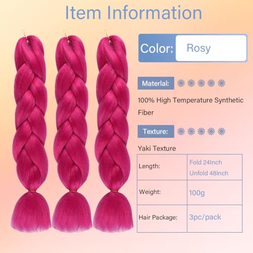 wome Pink Jumbo Braiding Hair Extension 3pcs/Lot Crochet Jumbo Braids Hair 100g/pc Hot Pink Braids Hair Synthetic Crochet Twist Braid Hair Extension for Box Braids (24Inch,Rosy) - Image 3