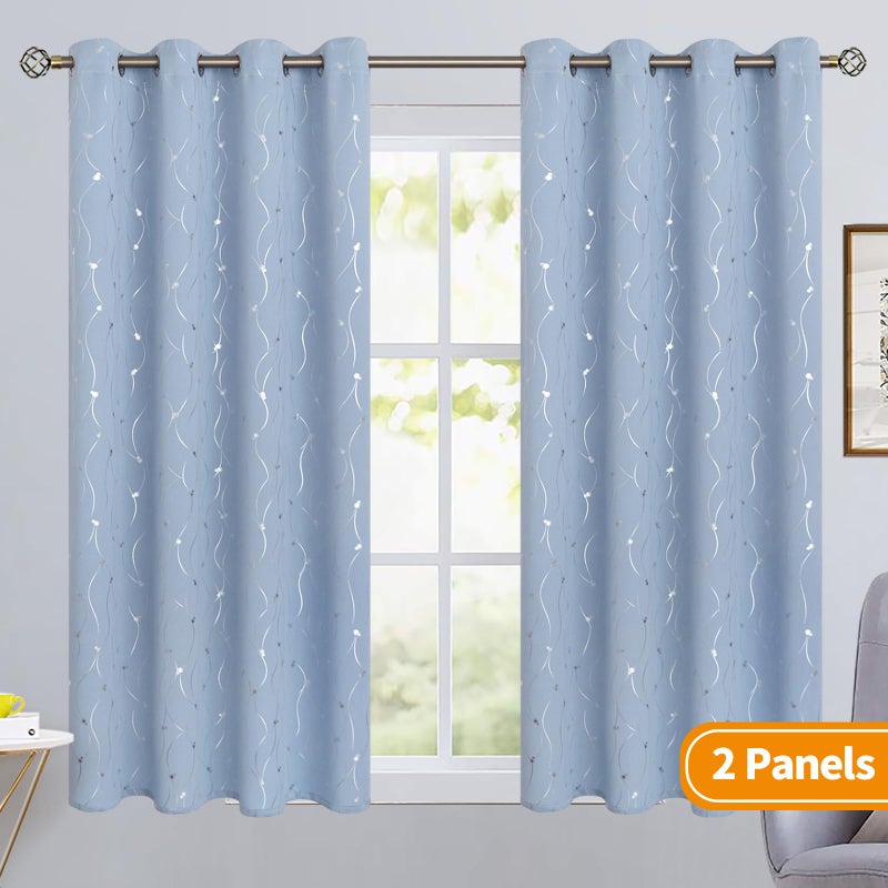 BGment Room Darkening Curtains 54 Inches Long  Grommet Thermal Insulated Blackout Curtains with Wave Line and Dots Printed for Bedroom  2 Panels  Each 52 x 54 Inch  Light Blue - Image 2