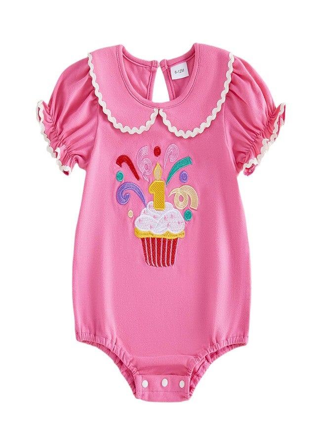 BULINGNA Baby Girl First Birthday Outfit One Cake Embroidery Bubble Sleeve Romper Jumpsuit Summer Cake Smash Clothes (Hot Pink, 12-18 Months) - Image 1