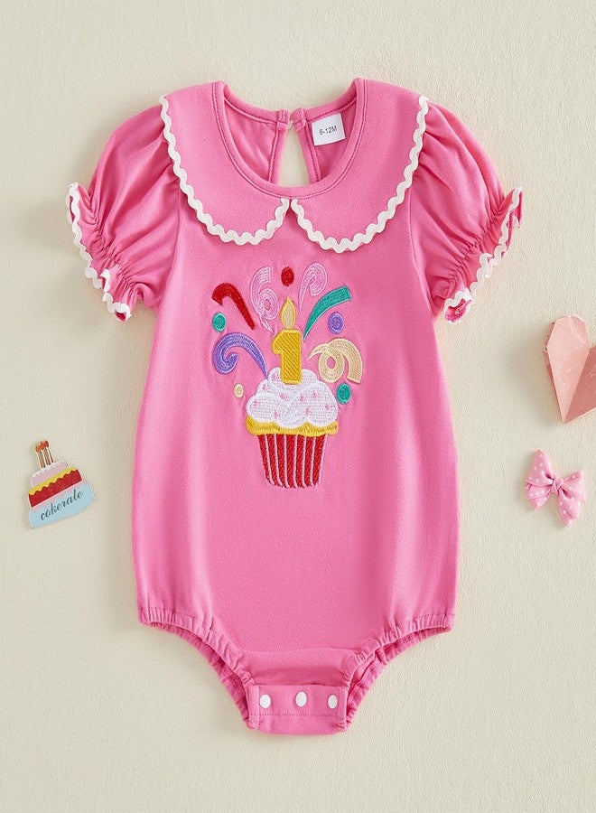 BULINGNA Baby Girl First Birthday Outfit One Cake Embroidery Bubble Sleeve Romper Jumpsuit Summer Cake Smash Clothes (Hot Pink, 12-18 Months) - Image 5