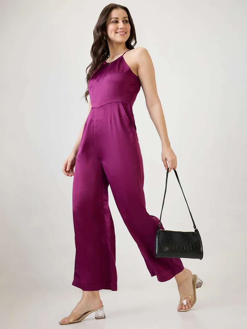 globus Women Burgundy Satin Halter Neck Wide Leg Party Jumpsuit